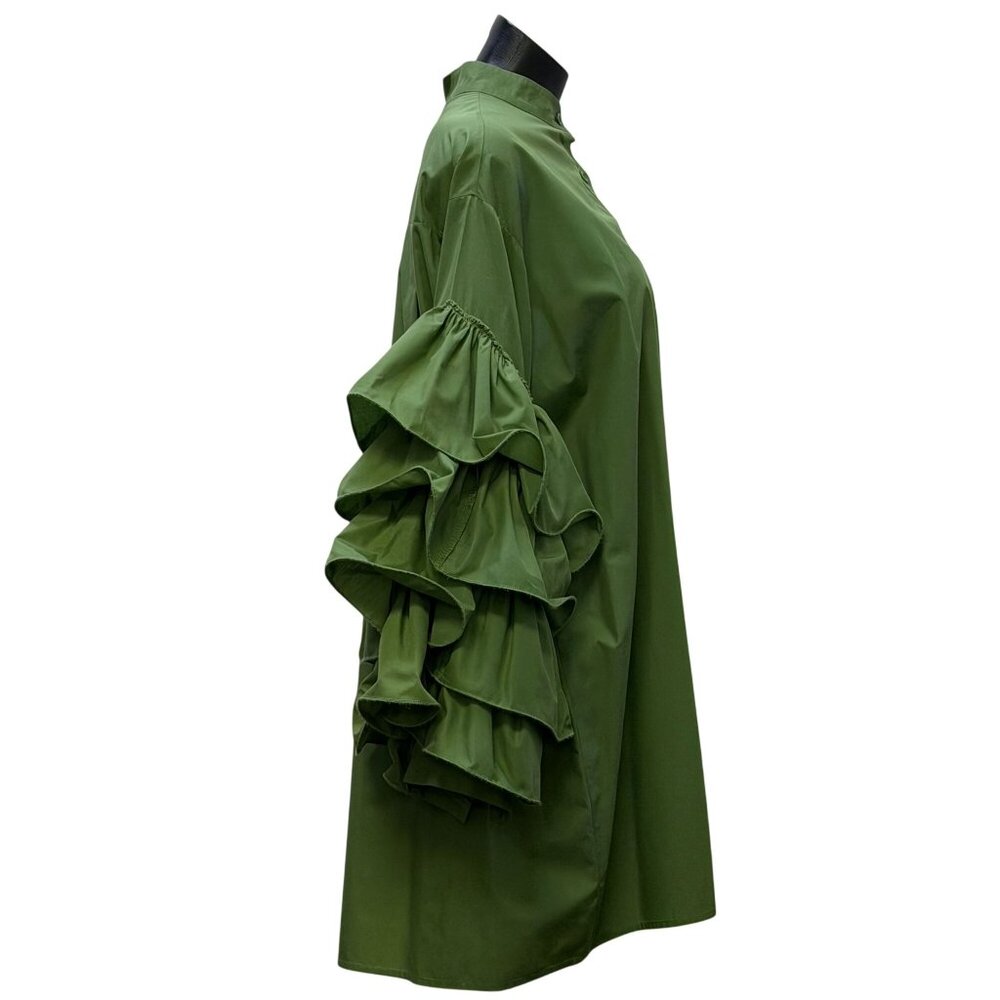 Beulah Style Ruffled Tunic Blouse Collar Green Button-Up M/L - Picture 3 of 7